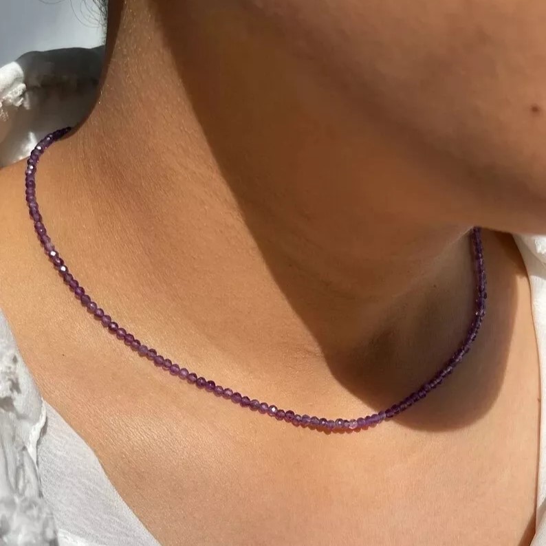 Amethyst 2mm Crystal Gemstone Faceted Beads Minimalist Dainty Choker Necklace