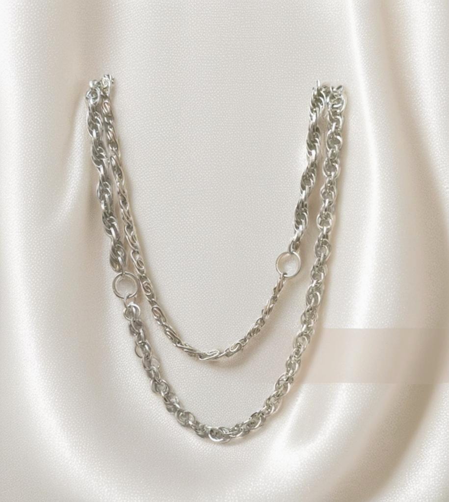 Long Thick Silver Tone Chain Necklace 35″ Double Rolo & Double Scroll Chains