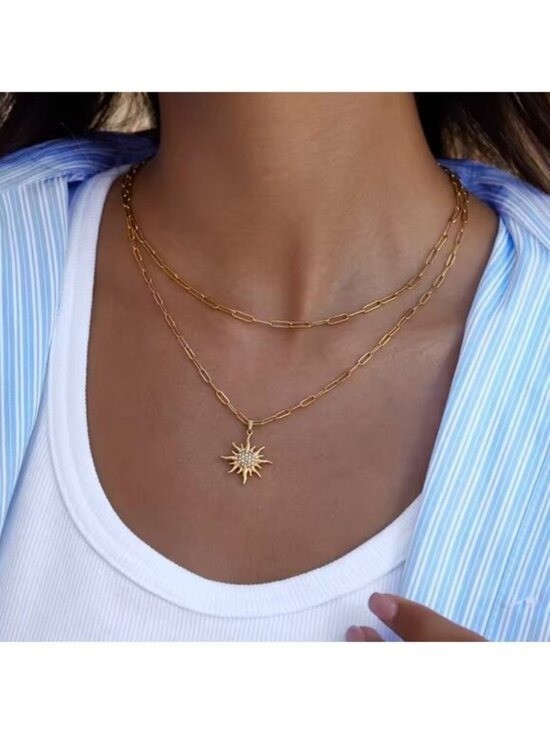 Double Layer Necklace w/cz Sun Pendant Gold Layered Necklace Summer Jewelry