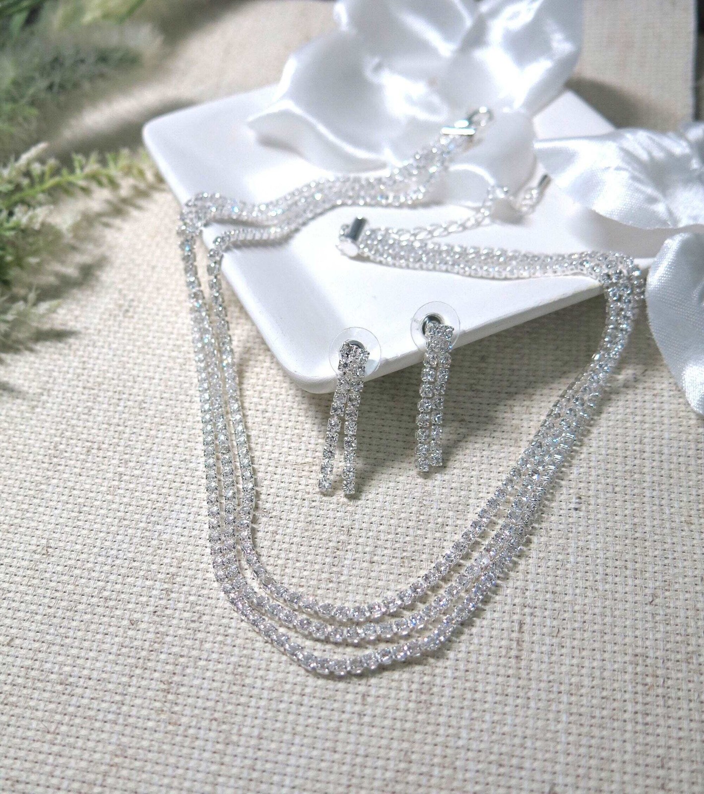 Bridal Rhinestone Crystal Multi Layer Necklace and Earrings 3 PC Jewelry Set
