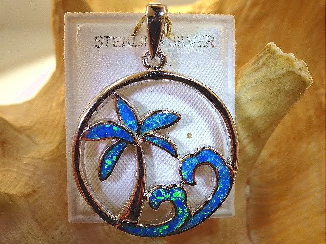 26mm Rhodium Plated 925 Silver Inlaid Blue Opal Hawaiian Palm Tree Waves Pendant