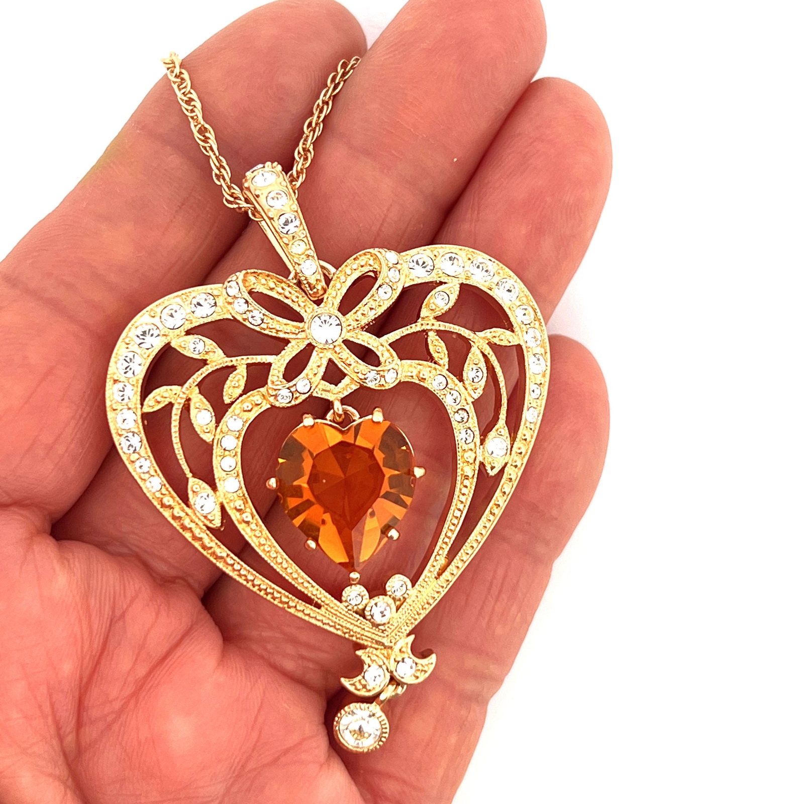 November Birthstone Gold Plate Metal Necklace Set With Heart Shape Topaz Crystal