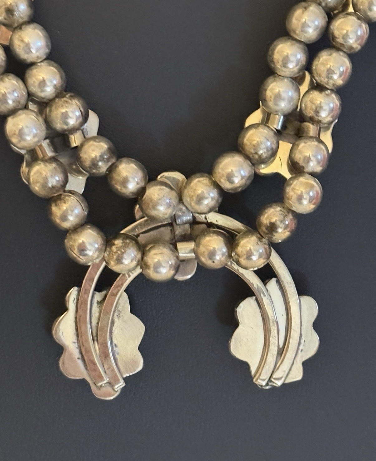 Vintage Southwestern Silver Bead Necklace w/ Malachite Stones & Naja Pendant