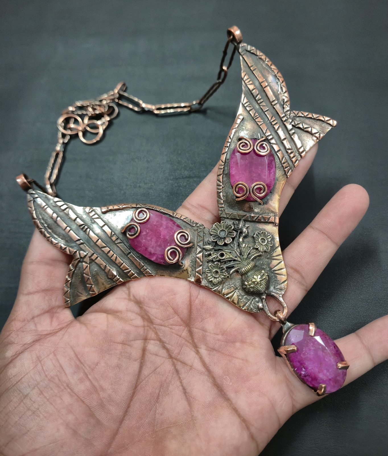 Faceted Kashmir Ruby Gemstone Copper Wire Wrapped Necklace Handmade Gift Jewelry