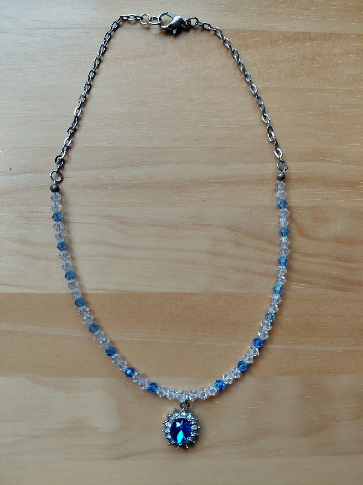 Faux Blue Sapphire Gemstone and Blue/Clear Crystal Bead Silver Tone Necklace