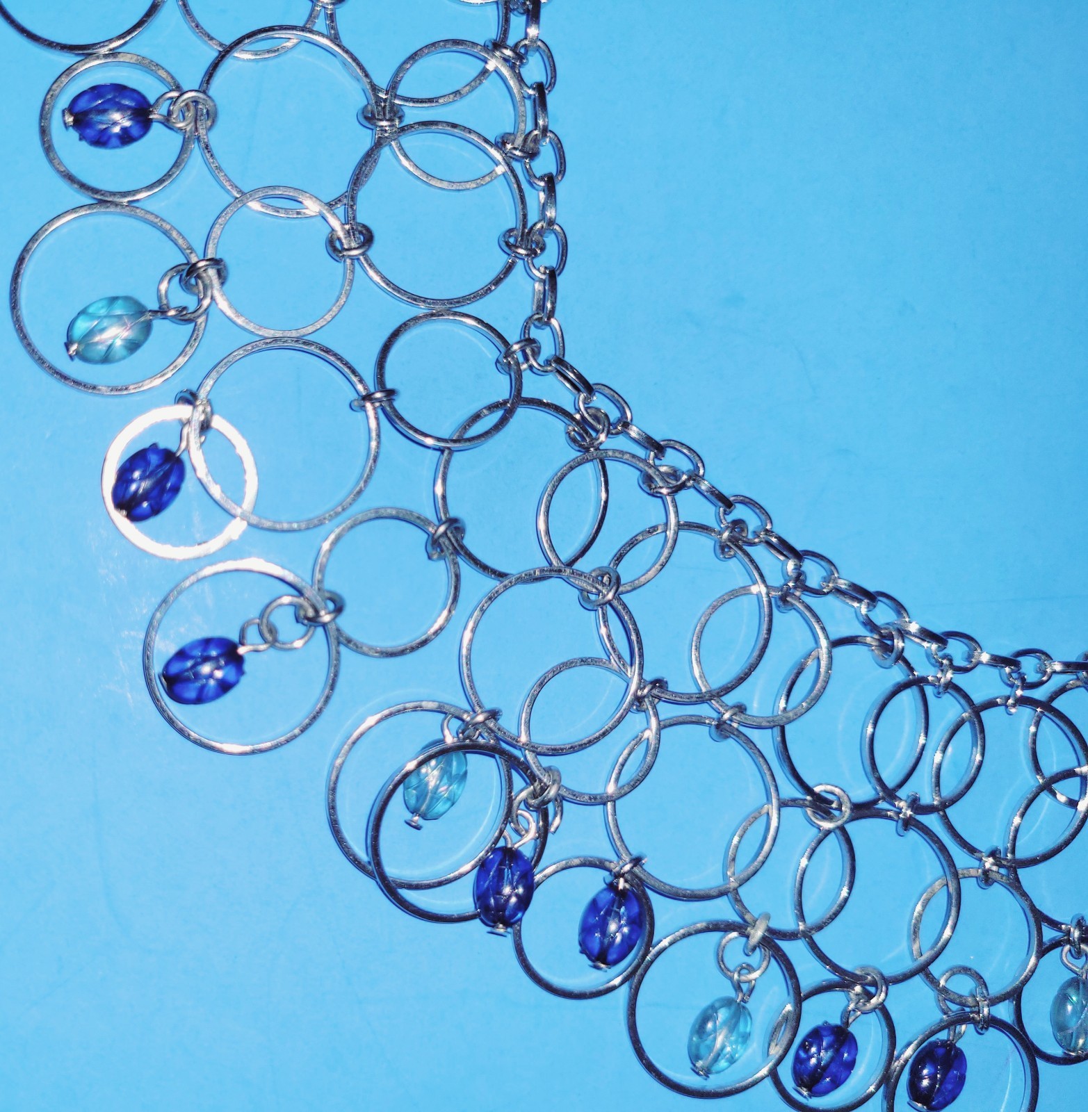 VTG Silverstone Adjustable Necklace With Blue & Aqua Marine Glass Beads