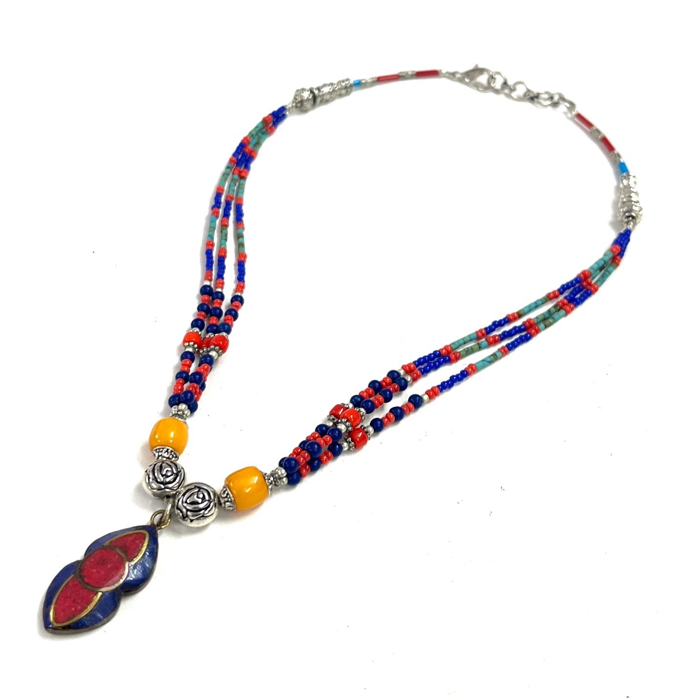 Red Coral Lapis Gemstone Tibetan Style Handmade Necklace Jewelry, 17 Inch Adjst
