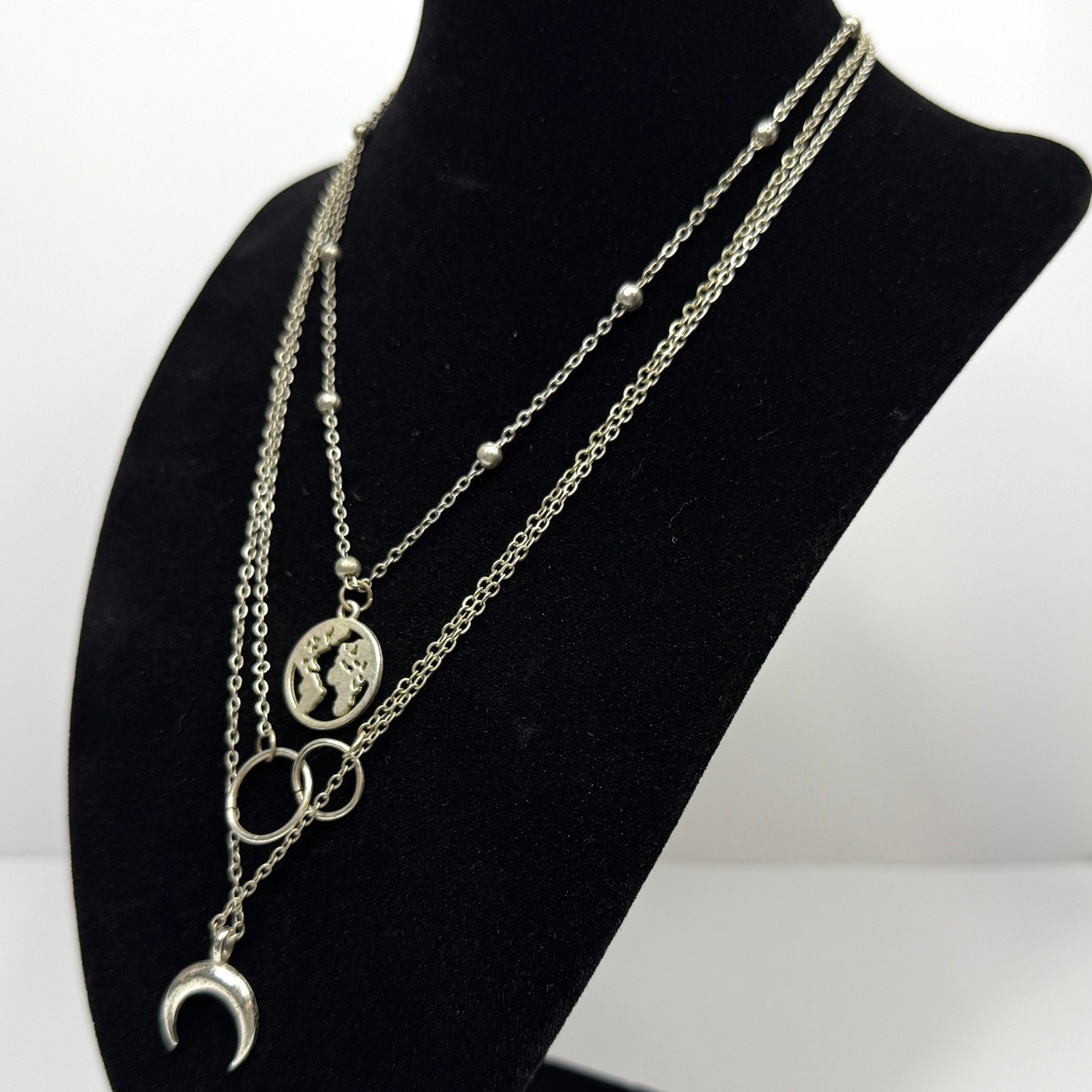 Layered Crescent Charm Pendants Necklace Silver Tone Globe Circle Jewelry 9.5 in