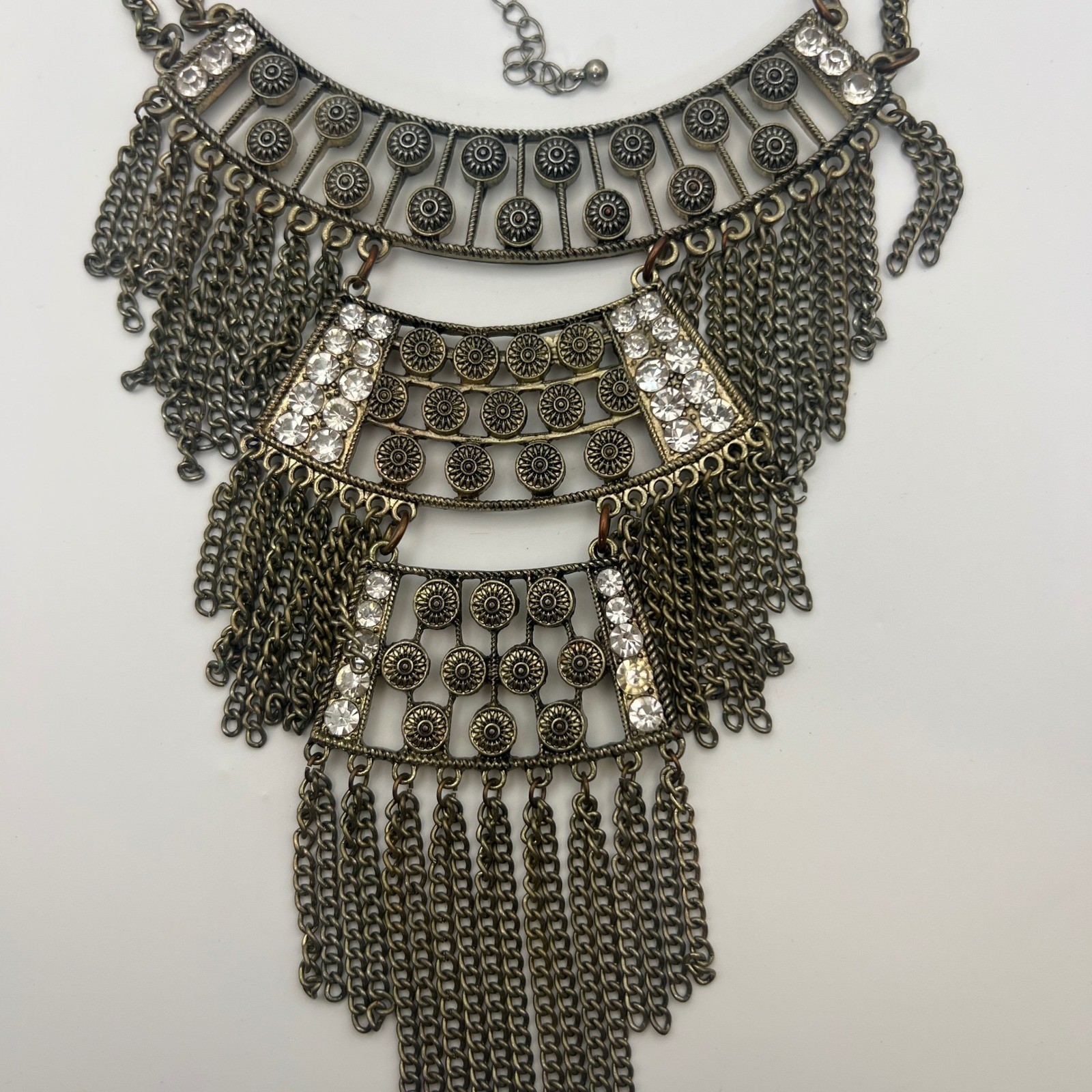 Boho Antique Gold Tone Fringe Bib Statement Necklace Clear Rhinestone Festival