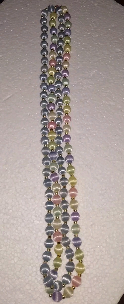 2 Necklaces W/ Silk Satin Thread Over Beads 28″ In Pastel Blue & Multicolors.