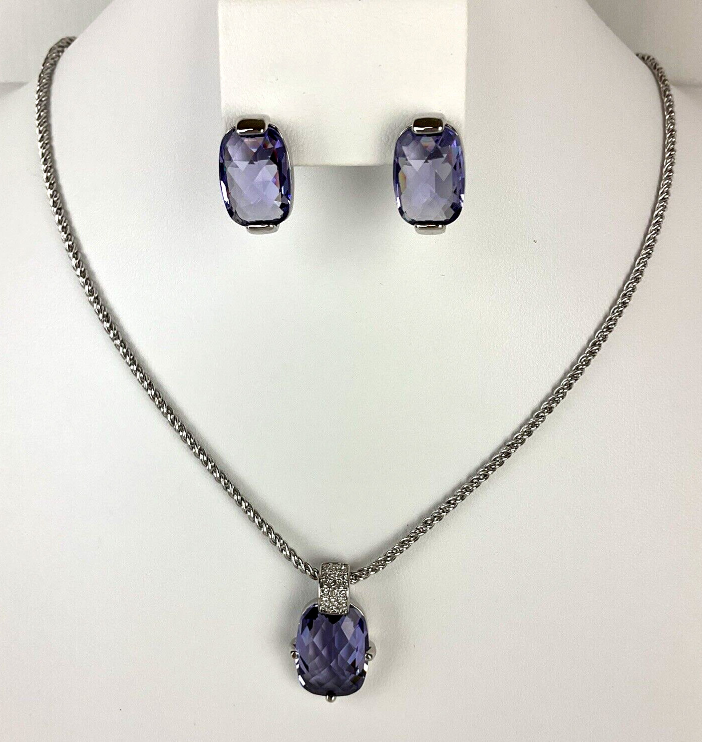 Swarovski Necklace Earrings Silver Tone w Amethyst & Crystal Accents Accent Swan