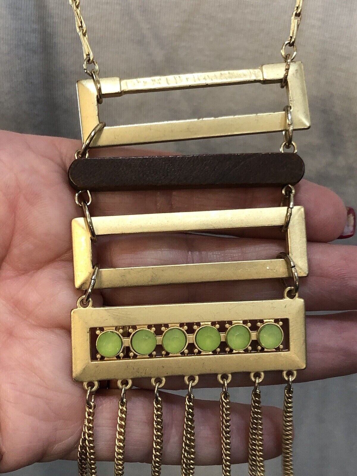 Gold Tone Geometric Fringe Pendant Necklace Wood Chartreuse Green Statement Boho