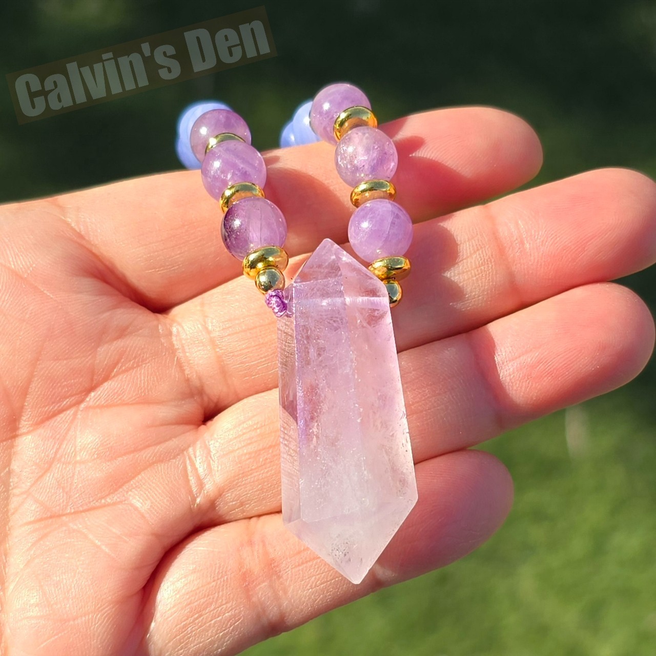 Amethyst Blue Lace Agate Rose Quartz Shell Bead Necklace + Crystal Point Pendant