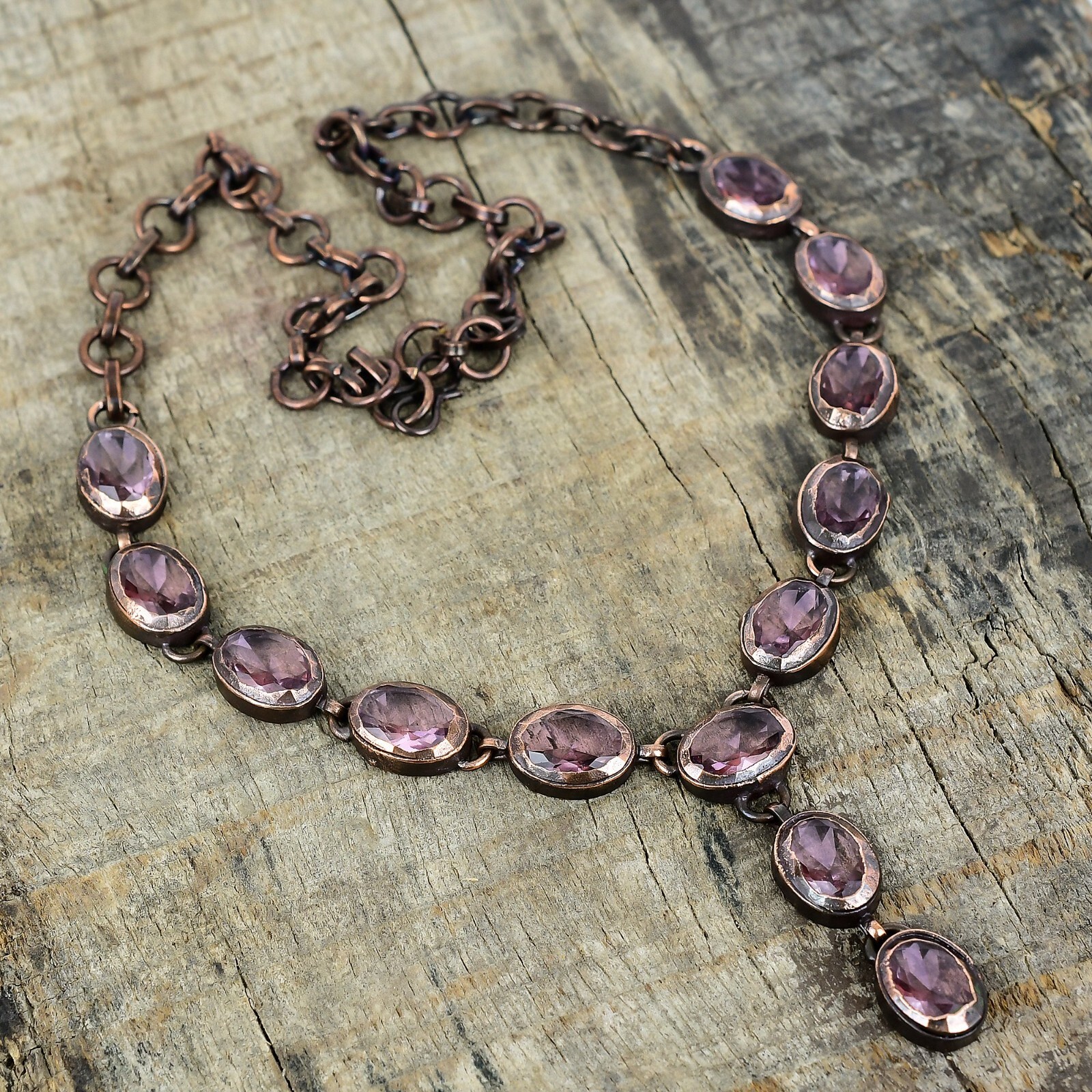 Valentines Deal Pink Kunzite Stone Copper Electroformed Chain Necklace Jewelry