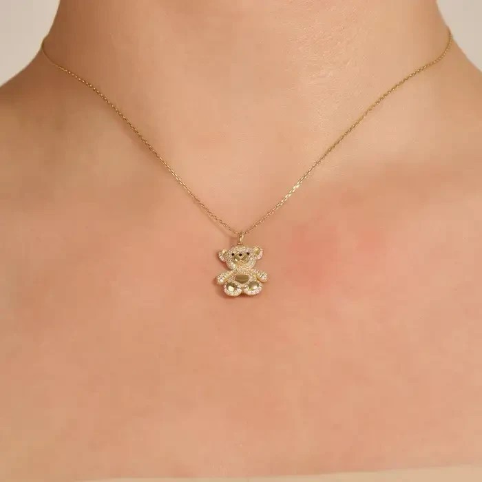 2Ct Round Cut Simulated Diamond Teddy Bear Shape Pendant 14K Yellow Gold Plated