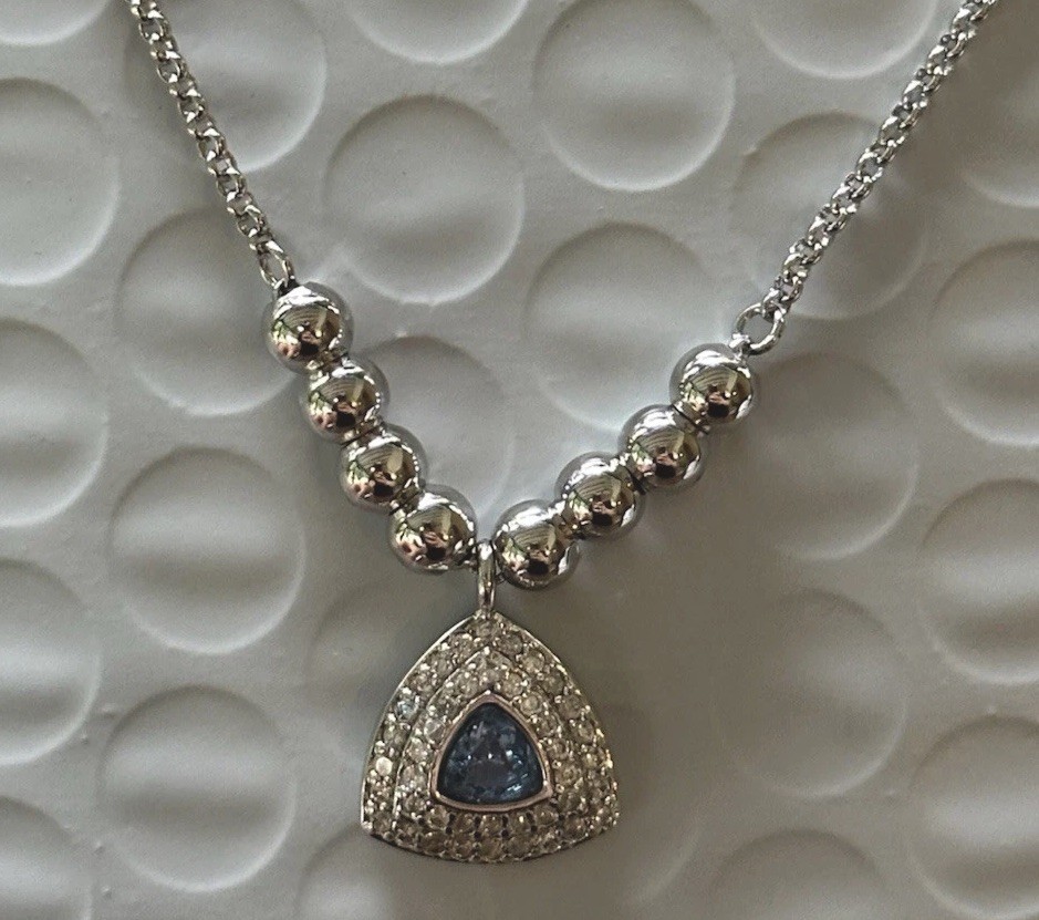 Bomb Party Blue Trillion Stone Necklace Silver Tone Pave Pendant Preowned