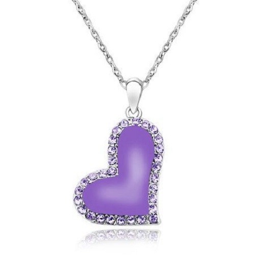 Bejeweled Slanted Purple Crystal Heart Rhodium Plated Chain Necklace, 18″