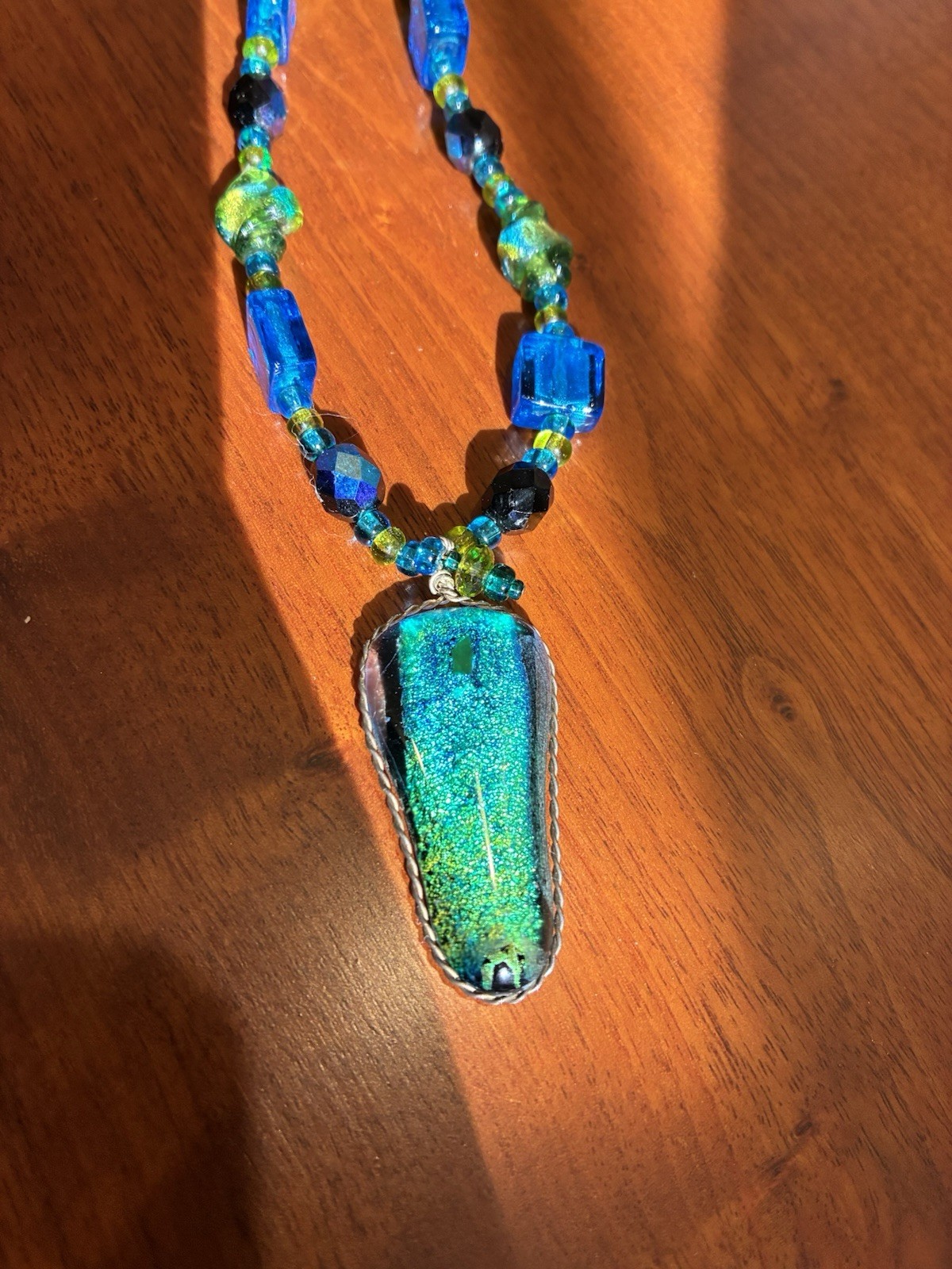 Vintage Blue Green Art Glass Beaded Necklace With Dichroic Glass Pendant Clasp