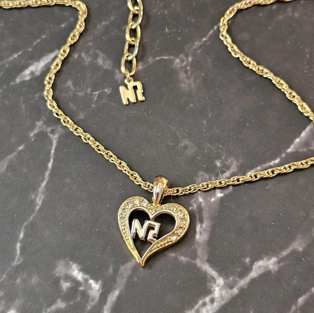Gold Tone Metal Clear Colorless Stones Heart Pendant Necklace 14.75″ – 16.75″