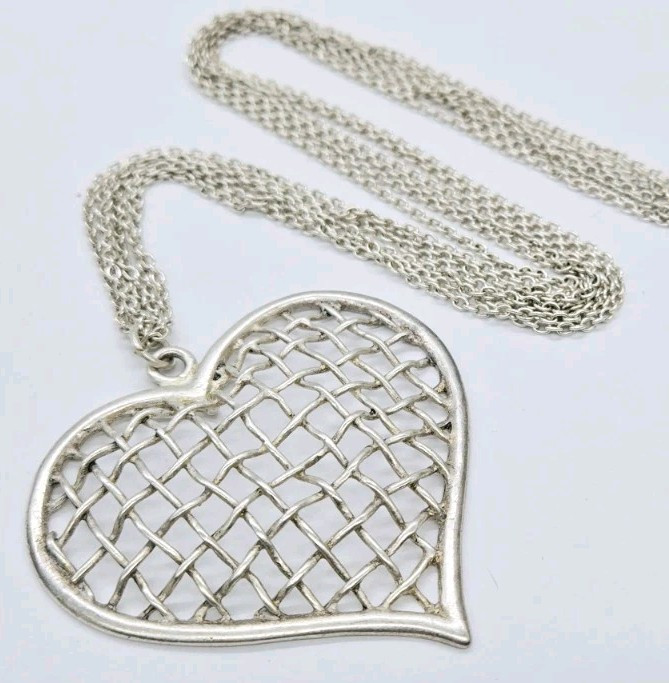 HEART Pendant Layered Necklace Cut-Out Silver tone 30 in Modern Modernist