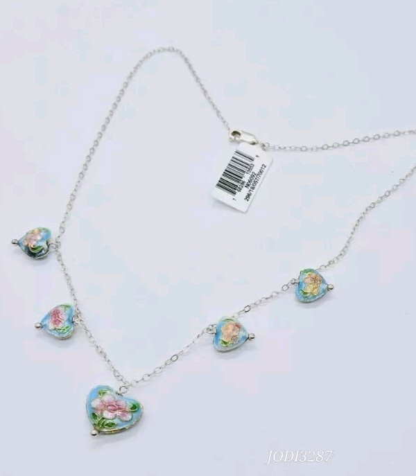 5 Heart Necklace Sterling Silver 925 Enamel Pastel Colors Beautiful 15 in