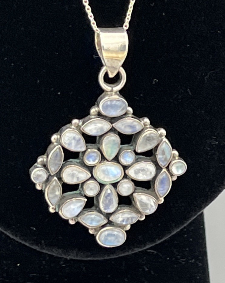Sterling Silver Rainbow Moonstone Cluster Pendant Necklace 46cm Italian Chain
