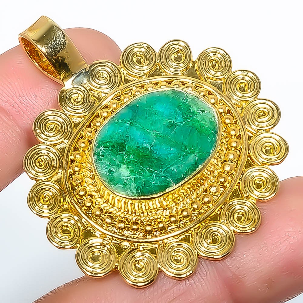 Emerald (Lab-Created) Silver Gold Plated Pendant 1.76″ P7622-131