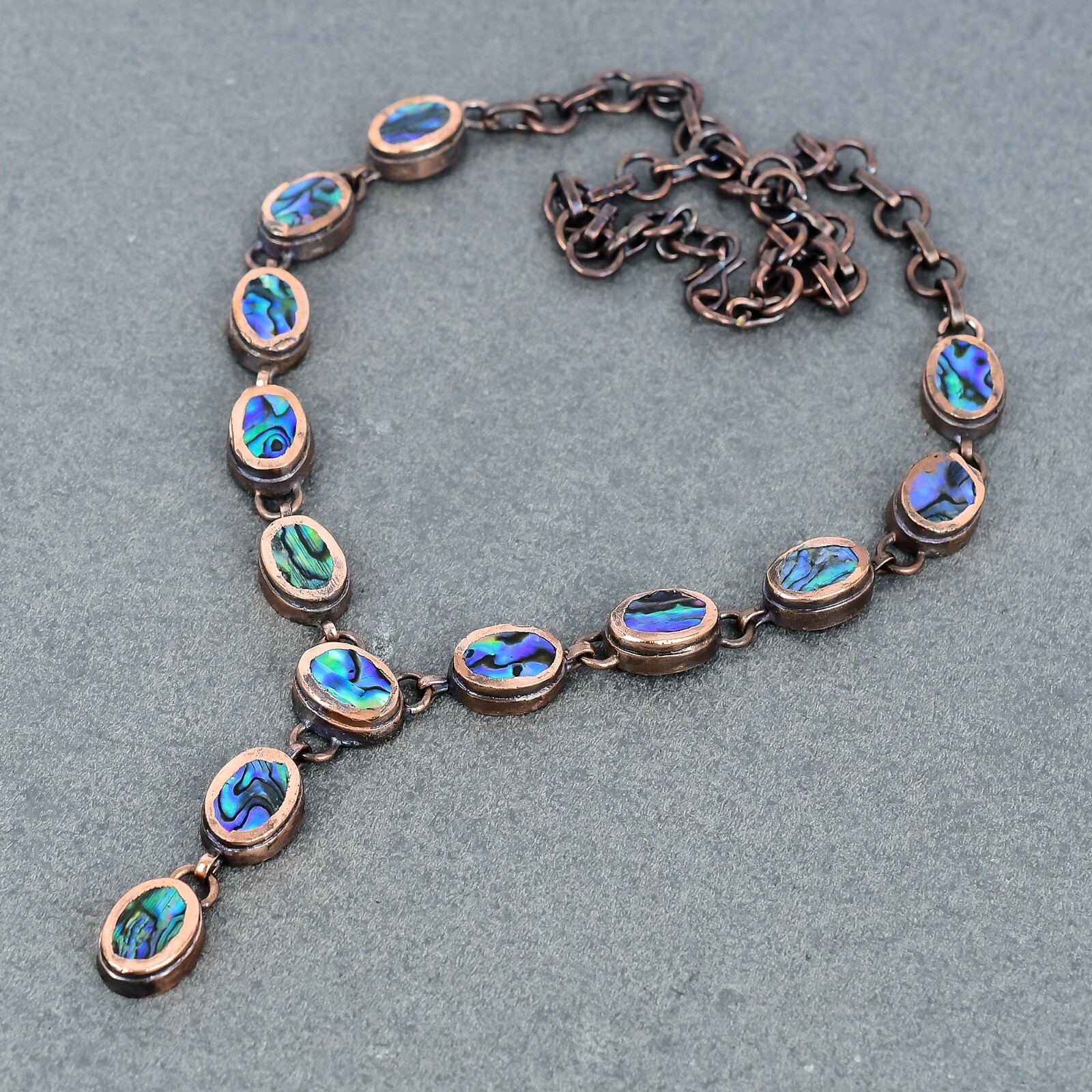 Copper Oval Abalone Shell Gemstone Chain Bezel Electroformed Necklace Jewelry