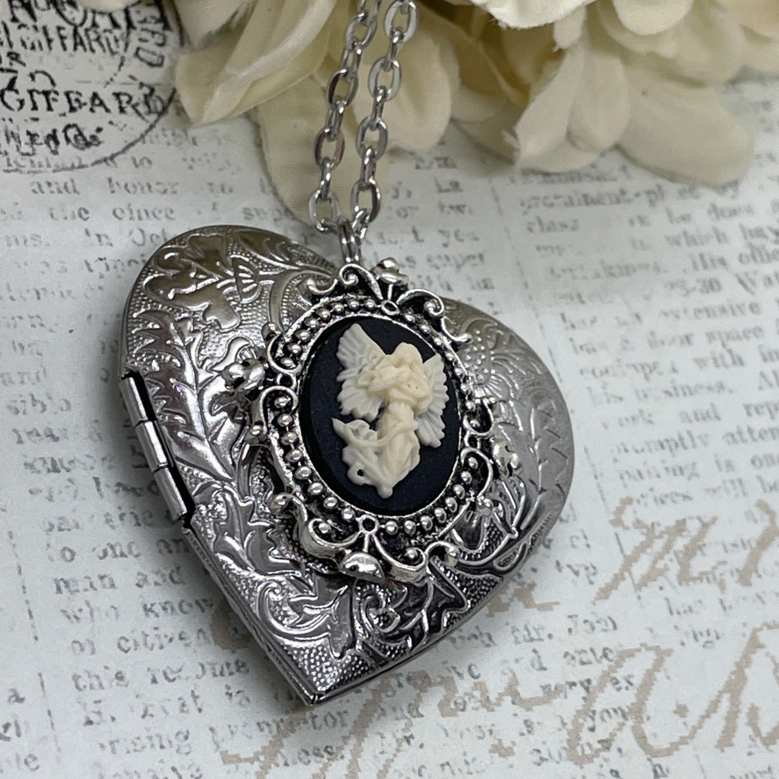 Heart Silver Locket Angel Cameo Mom Love Necklace Photo Bride bridal wedding
