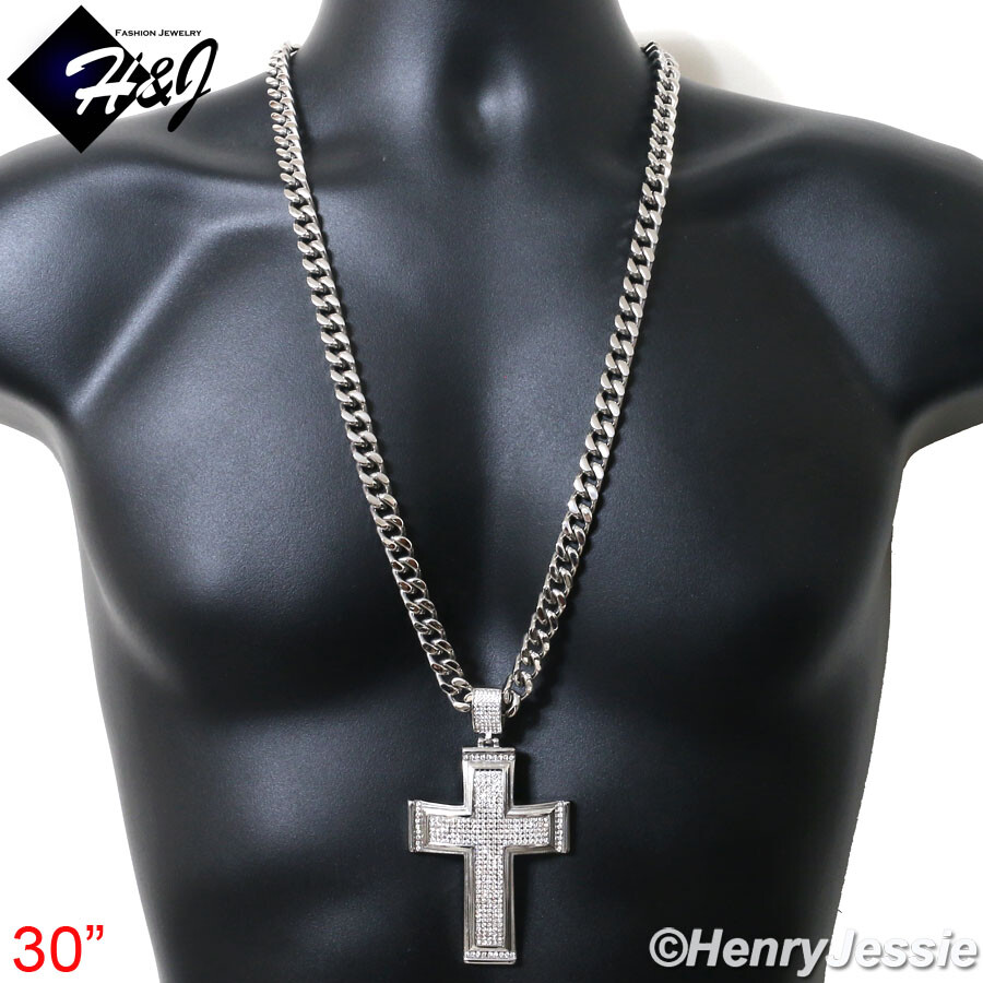 18″-40″MEN Stainless Steel 9mm Silver Cuban Curb Chain BIG CZ Cross Pendant*IP20