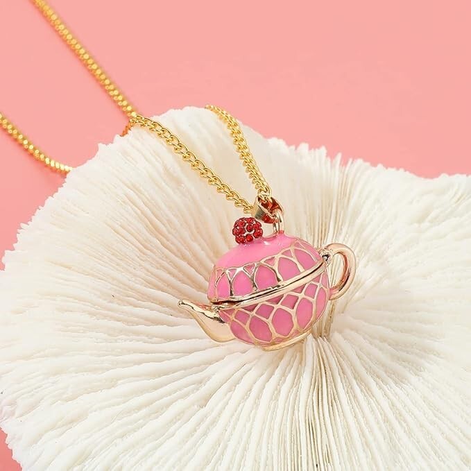 Pink & Gold Teapot Necklace – Cute, Locket Style – Coffee, Tea, Cute Gift
