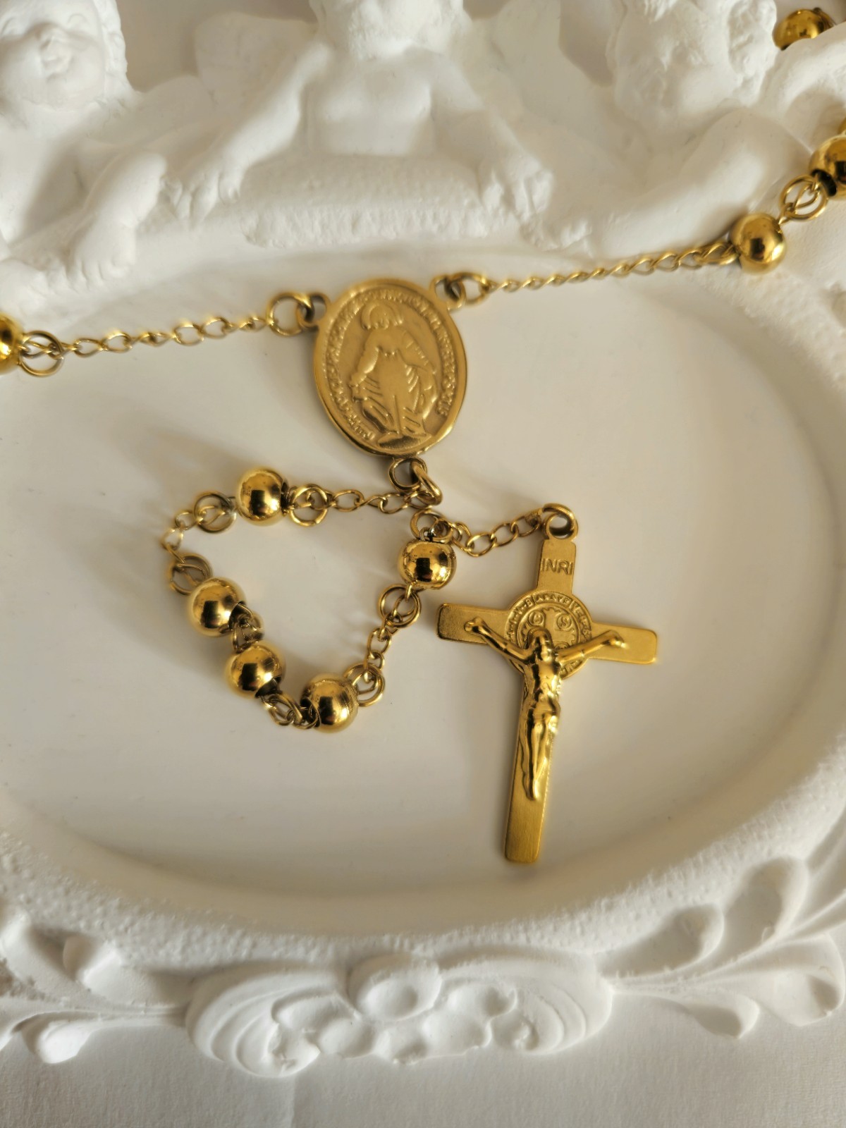 Gold Tone Stainless Steel Rosary Necklace Virgin Mary Crucifix Cross 60cm