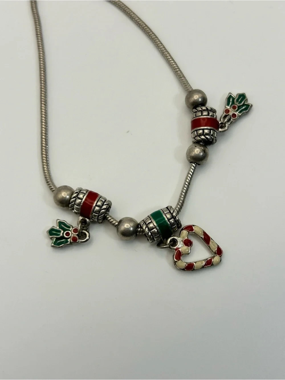 Cookie Lee Holiday Charm Necklace Red Green Silver-Tone Candy Cane Heart 18″ VTG
