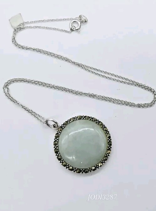 Sterling Silver Pendant Necklace 925 MARCASITE Dyed Jade HARMONY reversible 18″