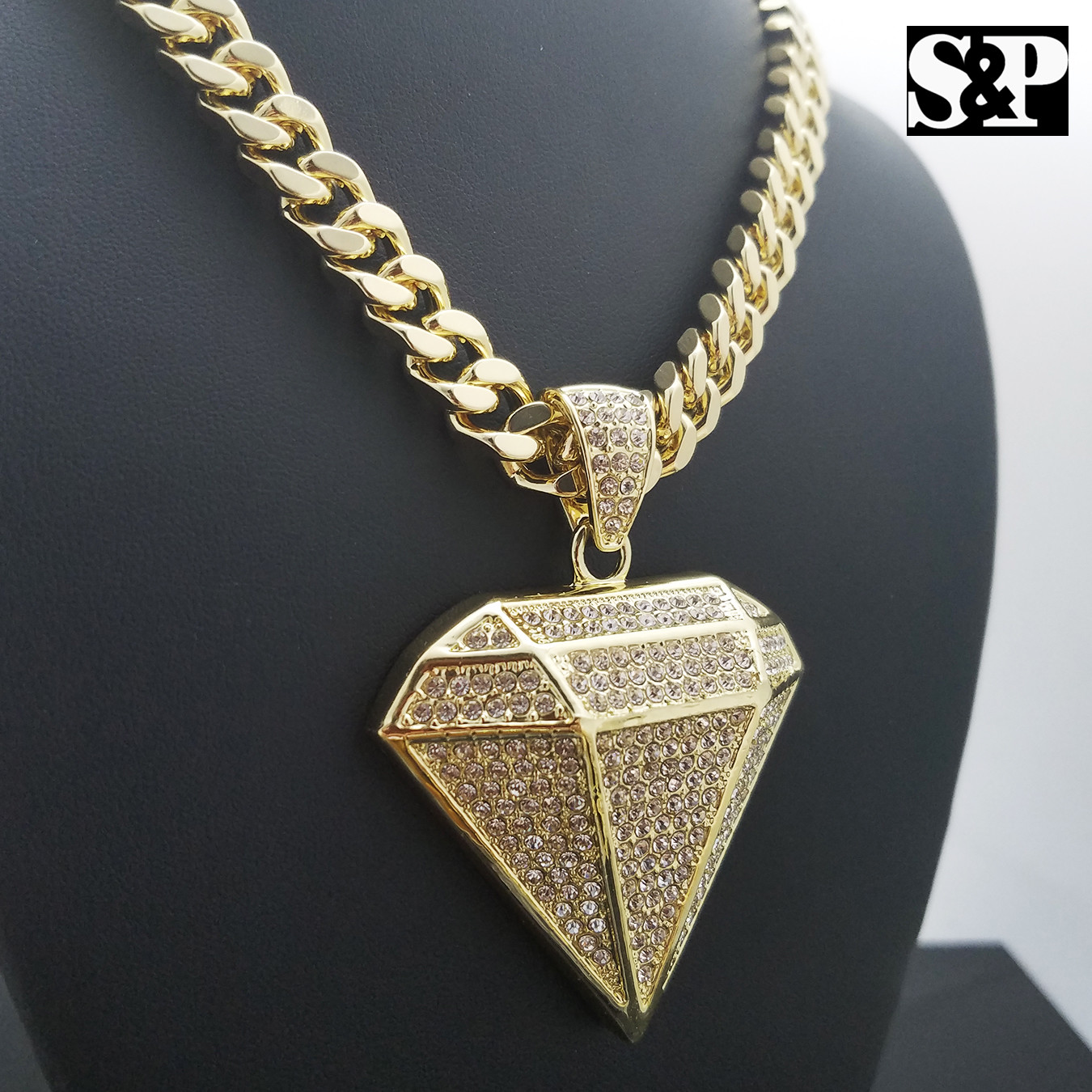 Gold Plated Alloy Cubic Zirconia Diamond Shape 30″ Cuban Chain Hip Hop Necklace