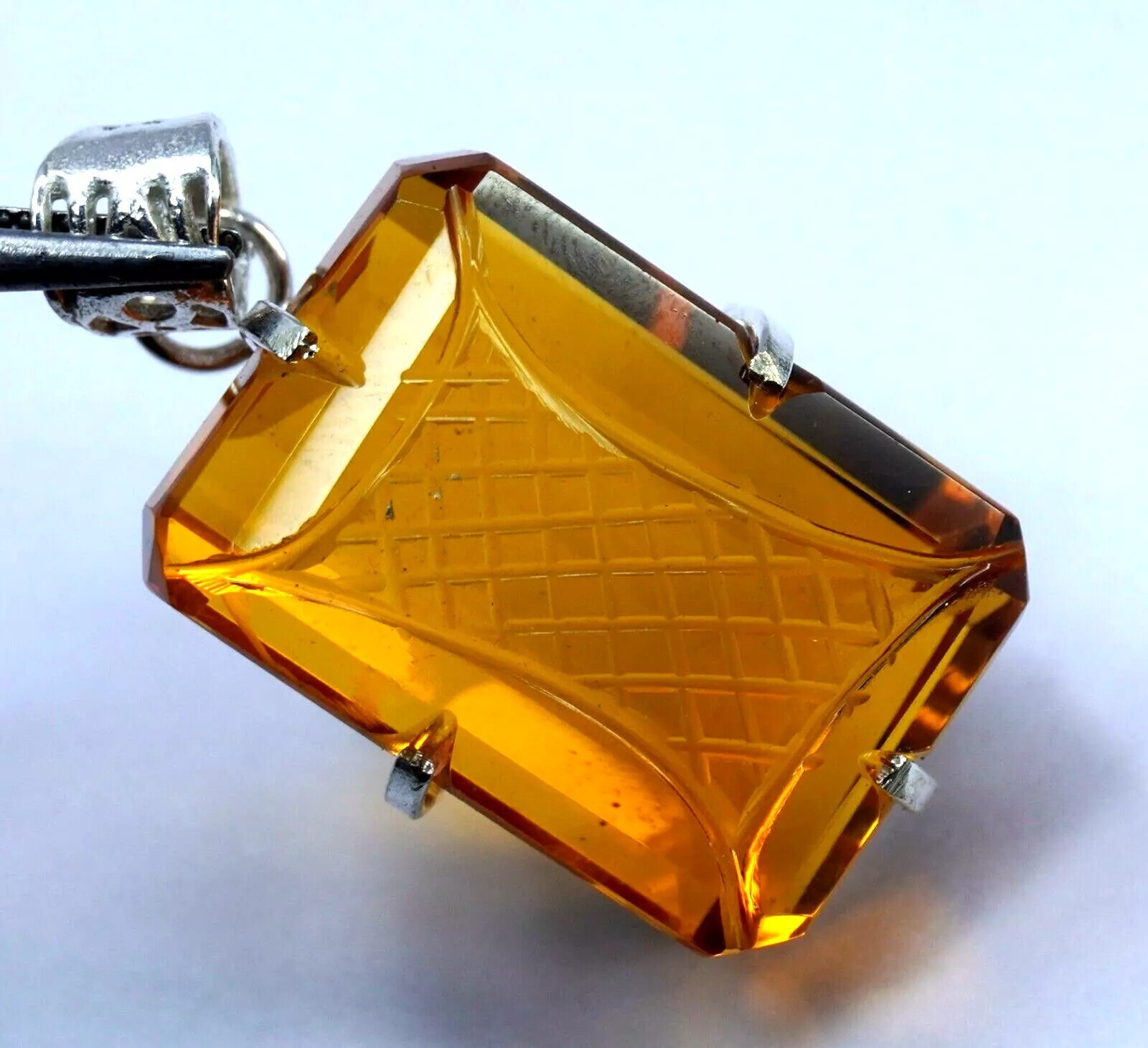 Emerald Cut 94 Ct Natural Carving Citrine 925 Solid Sterling Silver Pendant Gem