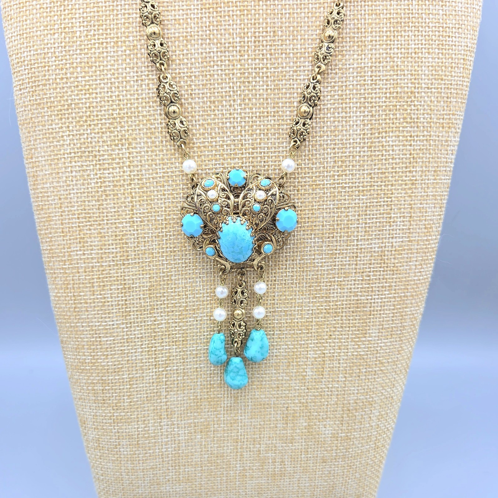 WEST GERMANY Turquoise Mottled Art Glass Drop Faux Pearl Sautoir Necklace 26″