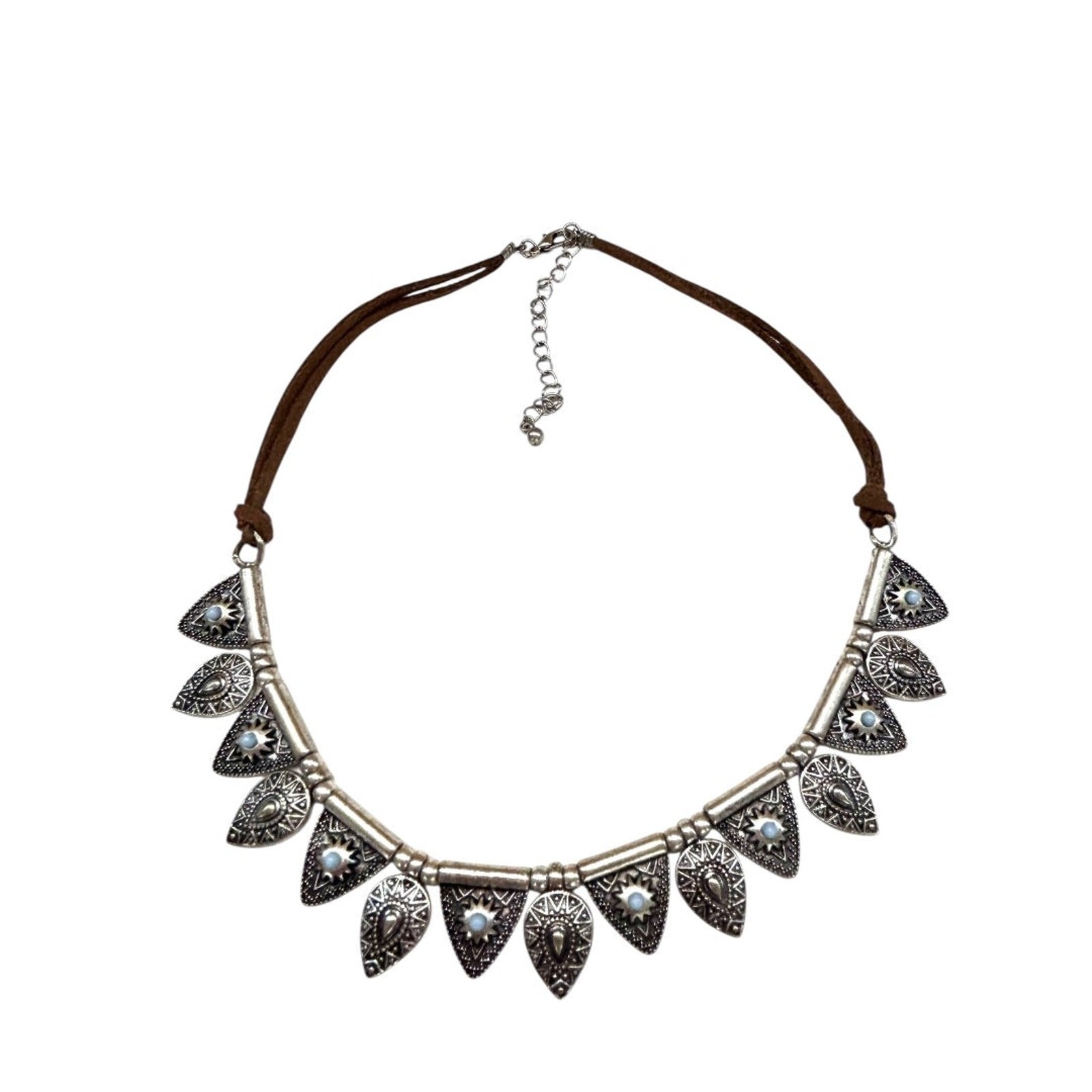 Cord and Metal Southwestern Style Necklace 15.5-18 Inch Silvertone Lobster Clasp