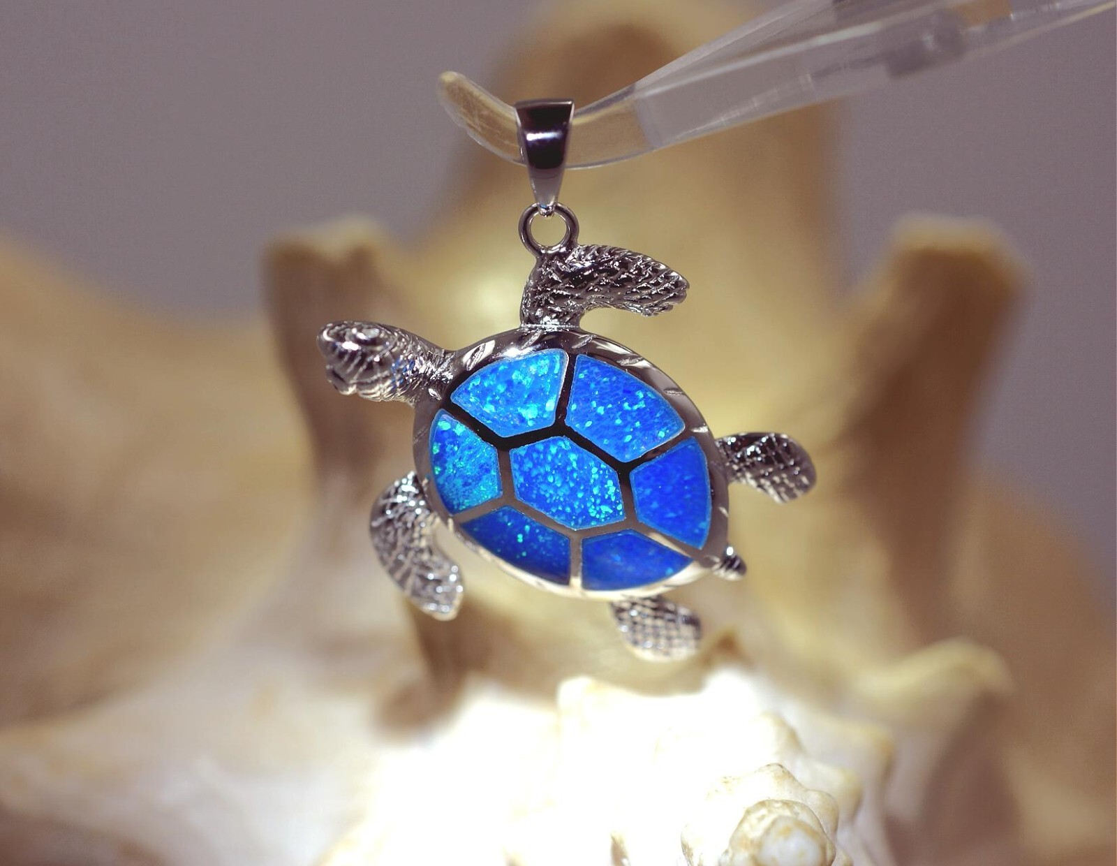 26MM RHODIUM 925 STER SILVER INLAID BLUE OPAL TEXTURED HAWAIIAN TURTLE PENDANT
