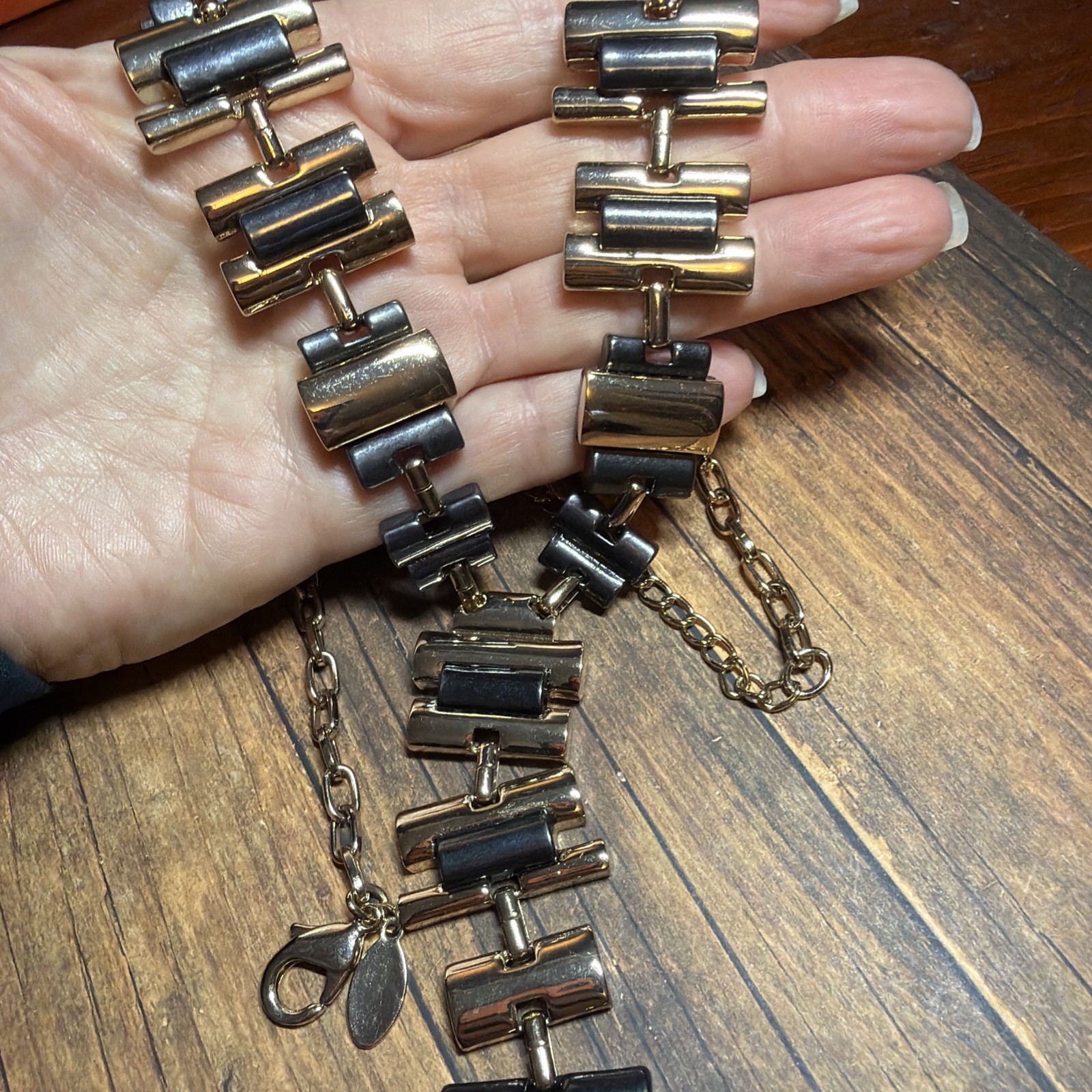 Chico’s Black Grey Gold Geometric Bold Dramatic Chunky Statement Necklace New