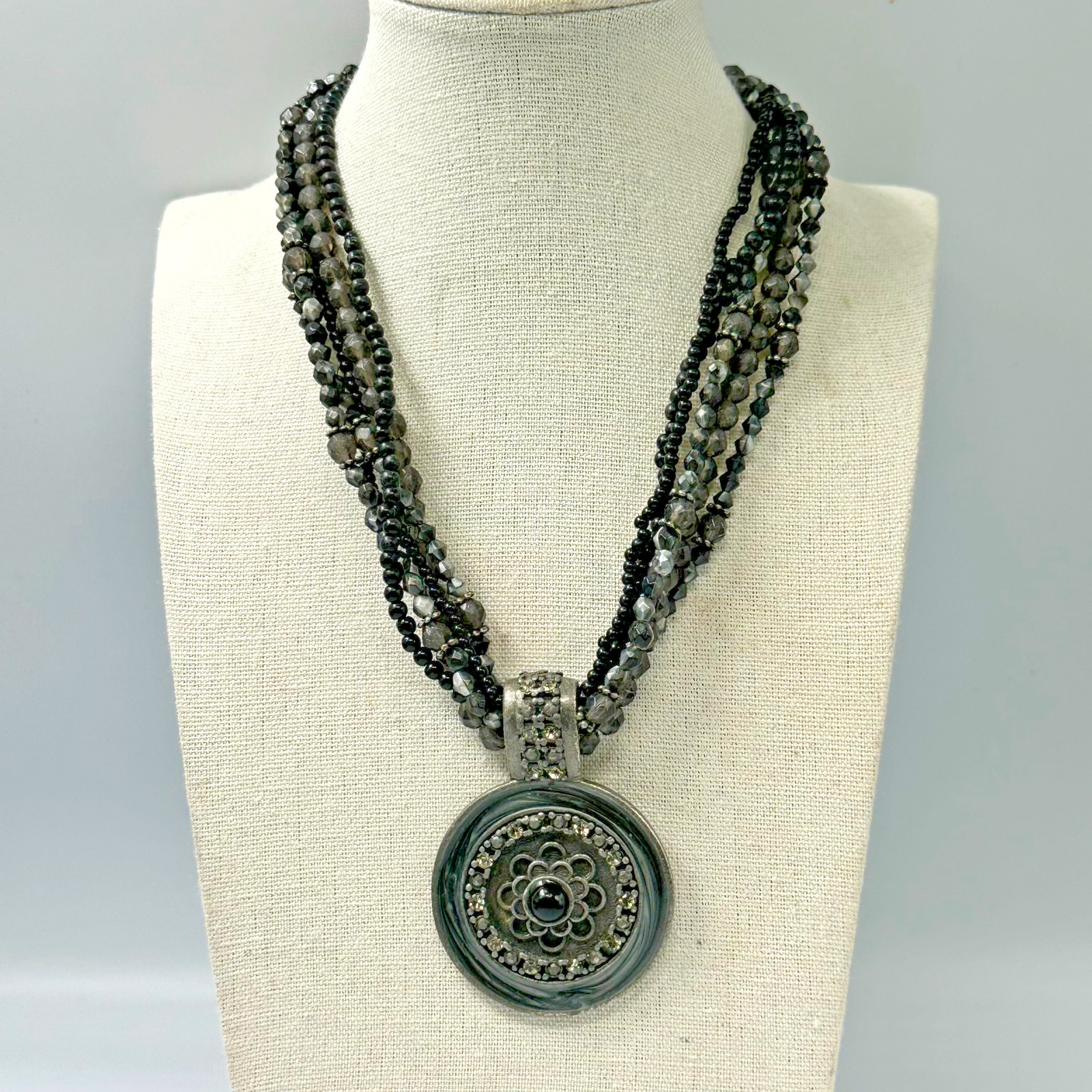 Black Grey Beaded Necklace Round Medallion Multistrand Boho Chic Adjustable