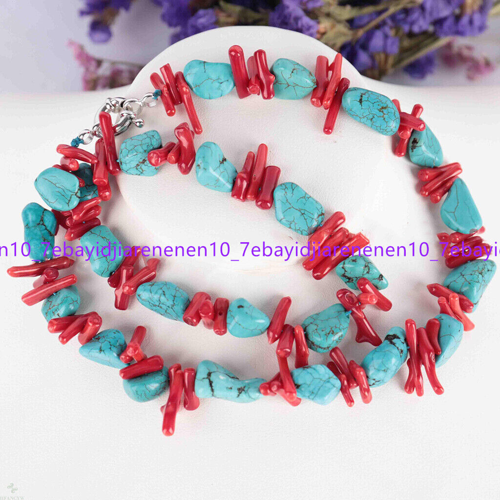 Natural 10x12mm Blue Turquoise Nugget & Red Coral Chip Gemstone Necklace 16-28in