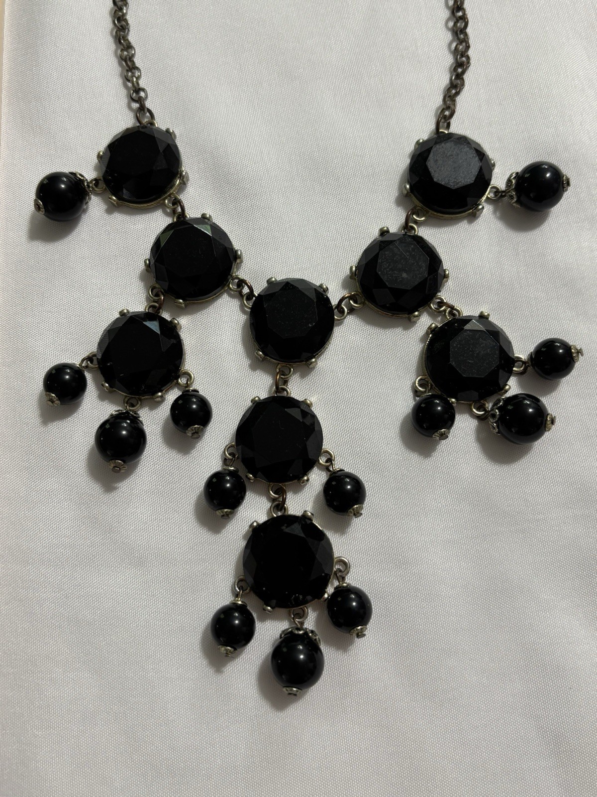 Black & Silver Statement Bib Necklace, Cable Chain, Lobster Clasp, 19-24 in