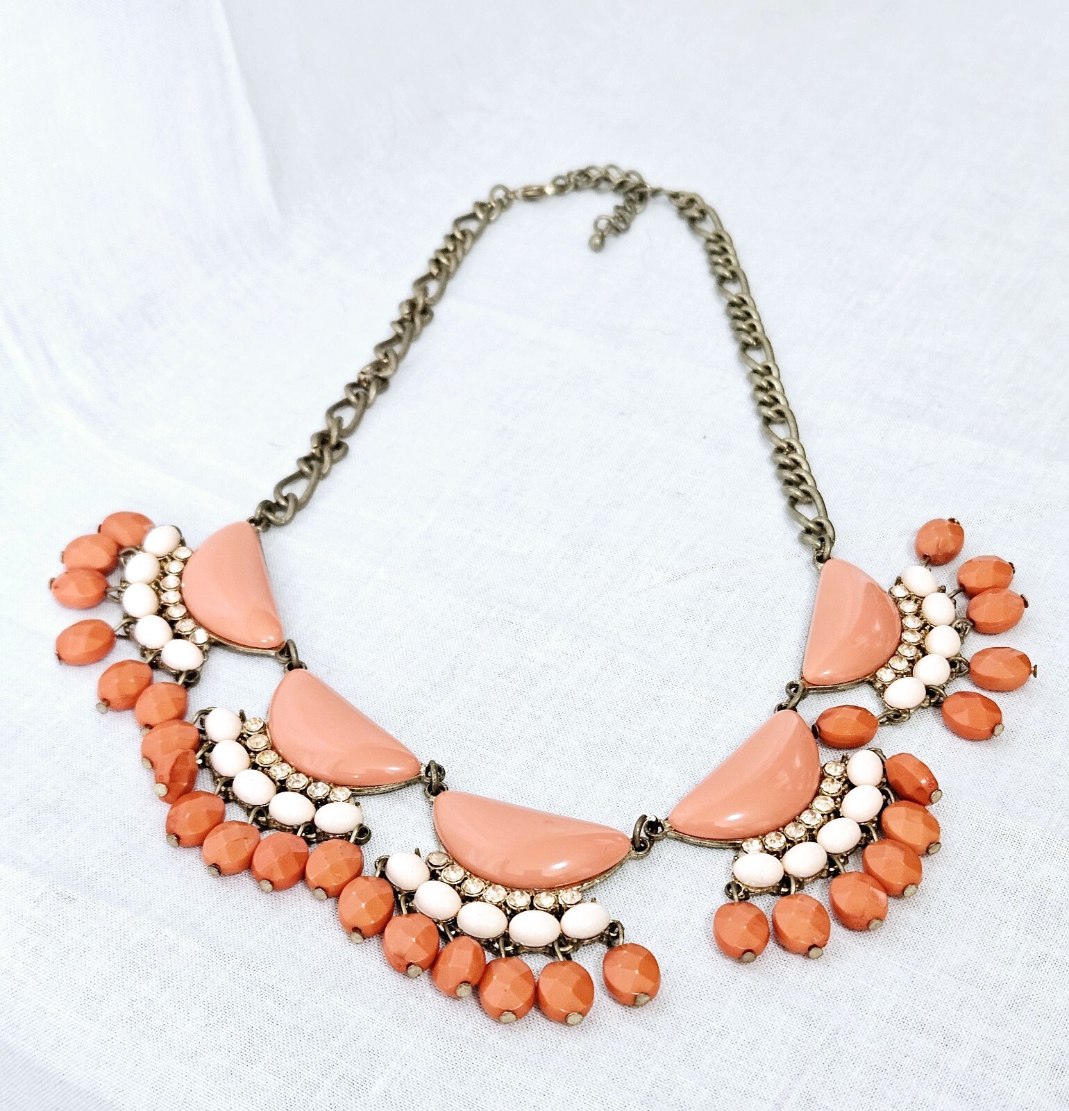 Gold Tone Necklace Orange And Pink Beads Pink Crystals J11-1920