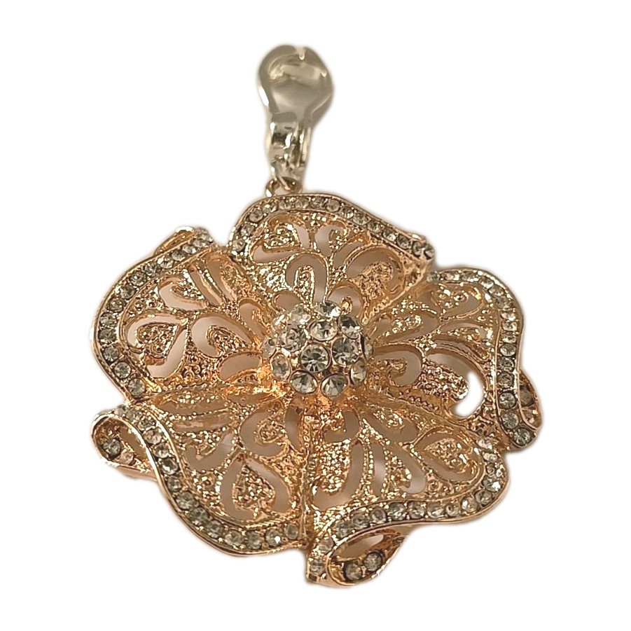 Roman (RMN) Rose Gold Flower Pendant Signed W/ Rhinestones Signed Wearable Art