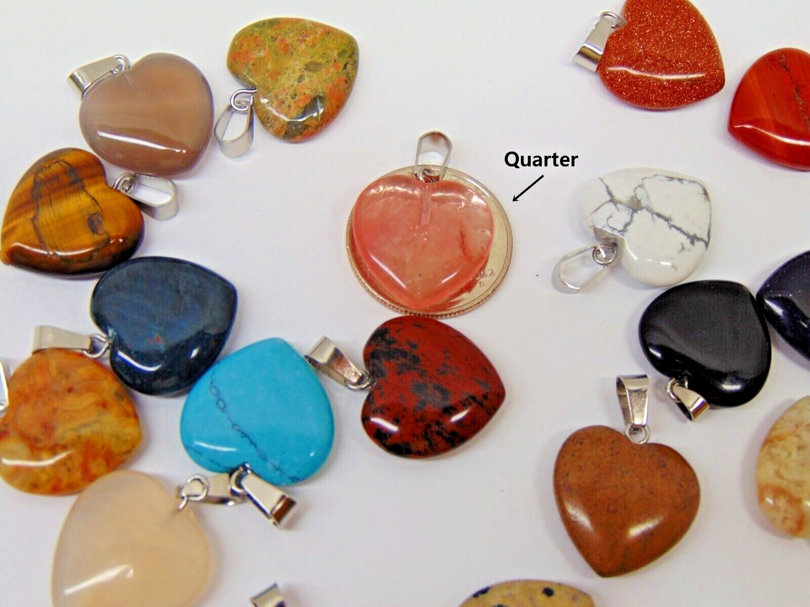Ten Different 20mm GemStone Heart Pendants Mix with bail to make necklace 3/4″