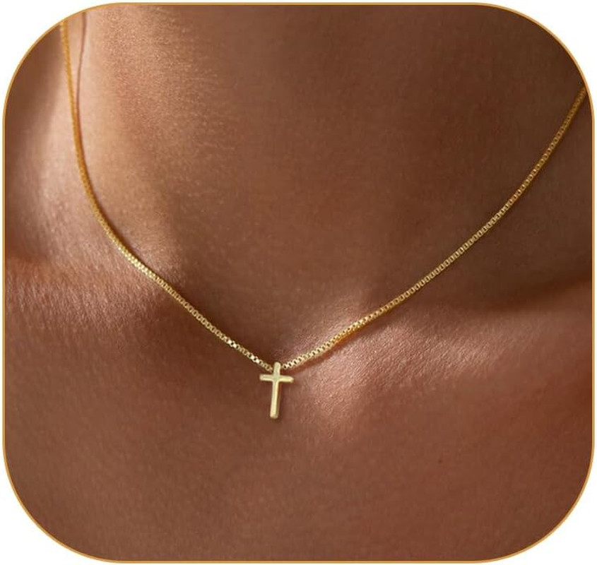 Gold Cross Necklace for Women, Trendy 14K Gold Plated Charm Box Chain Choker Dai