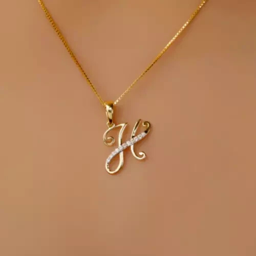 1Ct Round Cut Real Moissanite Letter ”H” Pendant 14K Yellow Gold Plated Silver