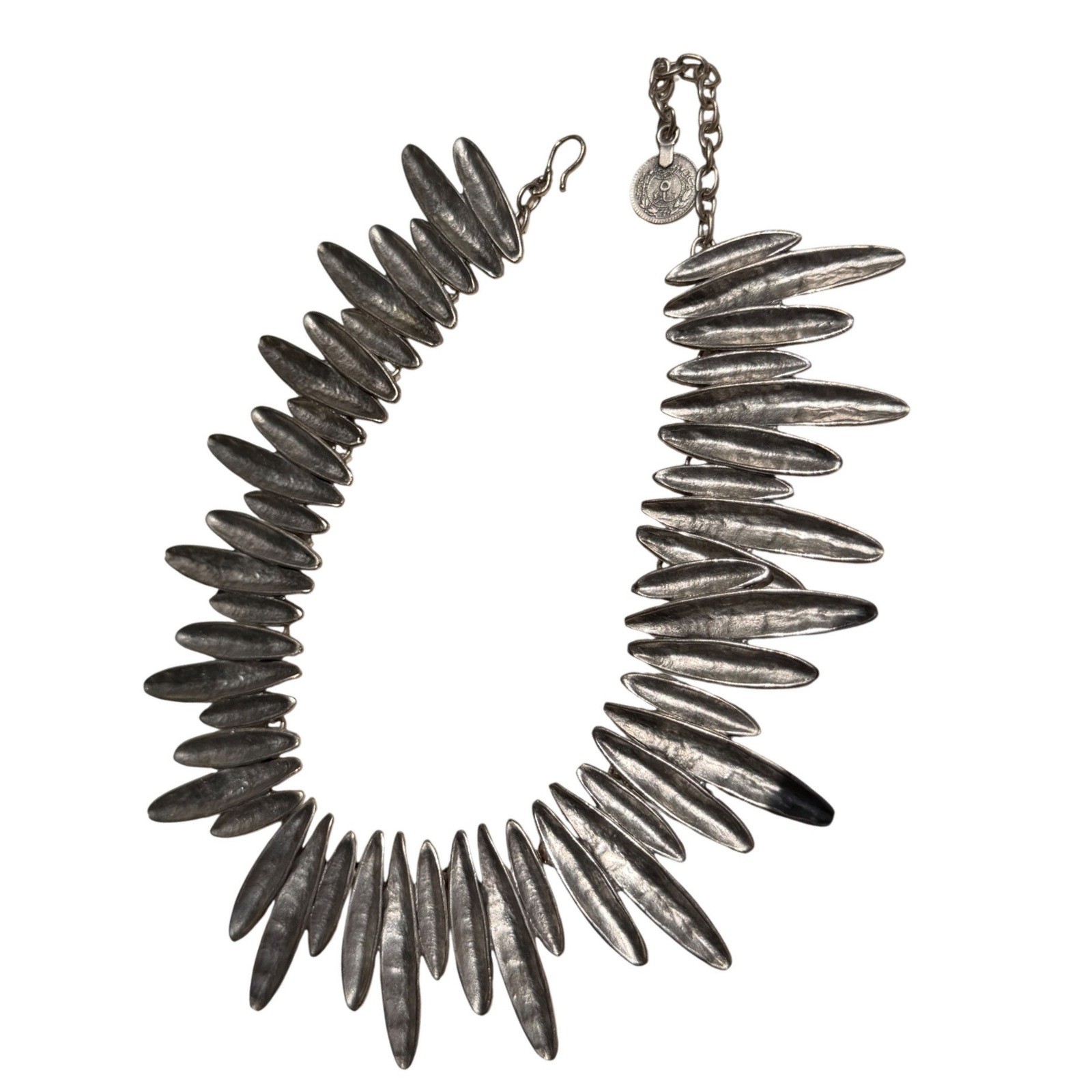 QuiQuattro “Leaf” Silver Plated Hammered Spike Statement Bib Necklace