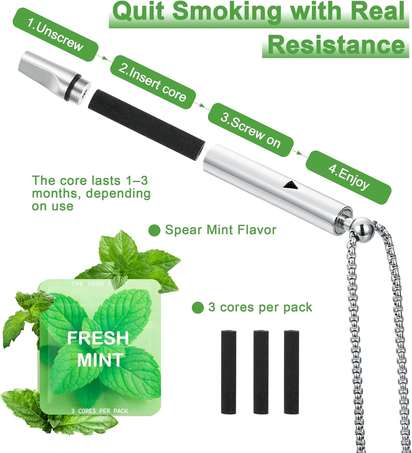 Breathe Free, Breathing Necklace with Adjustable Resistance, Quit Smoking Inhale